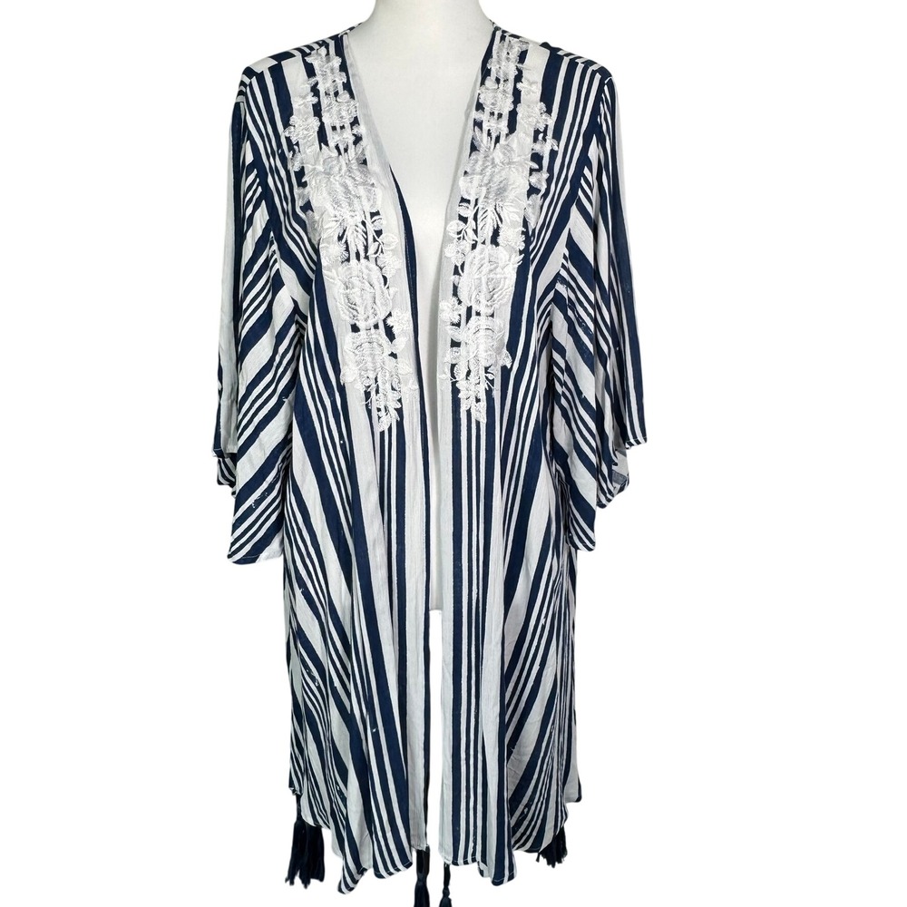 ANDREE BY UNIT Women Small Blue White Stripe Embroidered Kimono Cover Up Tassels